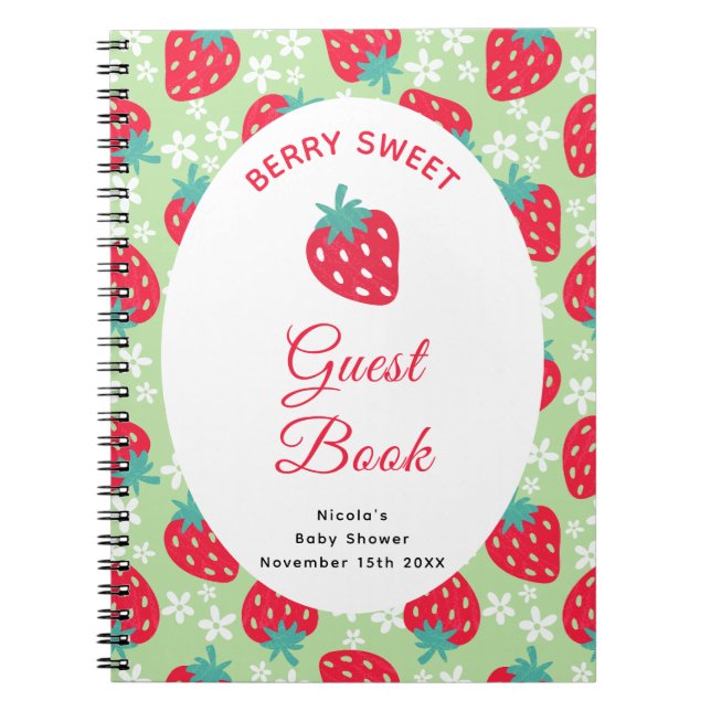 Berry Sweet Green Strawberry Baby Shower Guest Boo Notebook (Front)
