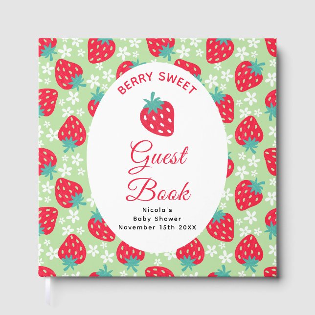 Berry Sweet Green Strawberry Baby Shower  Guest Book (Front)