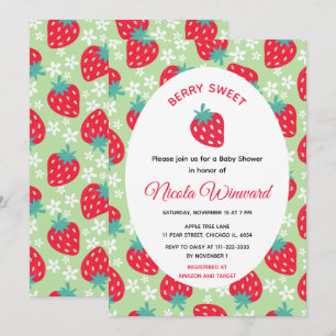 Berry Sweet Green Strawberry Baby Shower Invitation