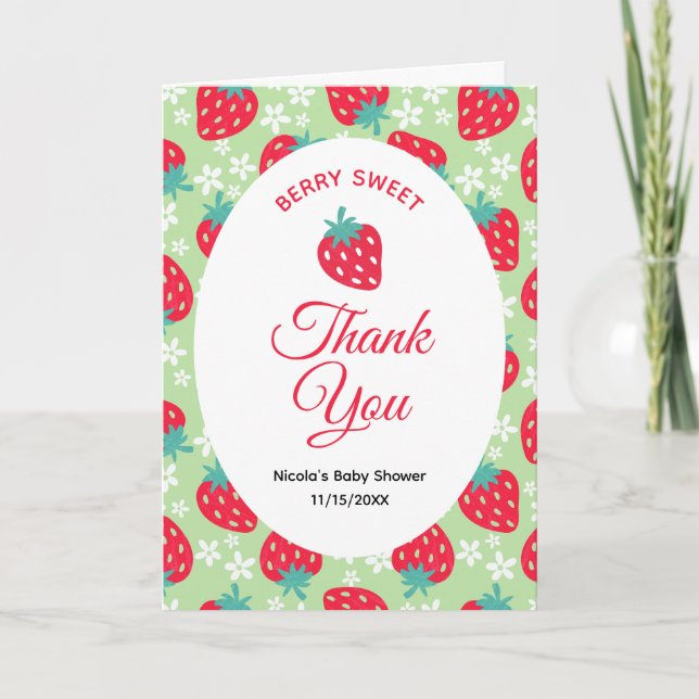Berry Sweet Green Strawberry Baby Shower Thank You Card (Front)
