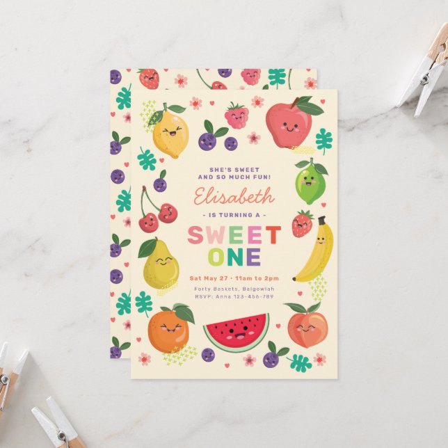 Berry Sweet One Birthday invite Rainbow Cute Fruit (Front/Back In Situ)