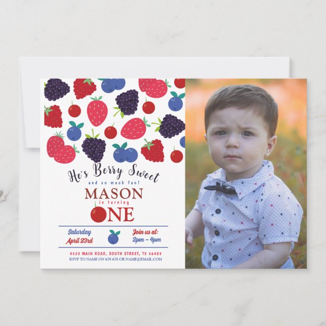 Berry Sweet One First Birthday Boys Fruit  Invitation (Front)