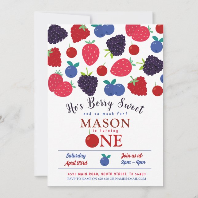 Berry Sweet One First Birthday Boys Fruit  Invitation (Front)