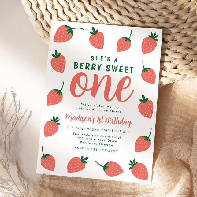 Berry Sweet One Strawberry 1st Birthday Invitation (Creator Uploaded)