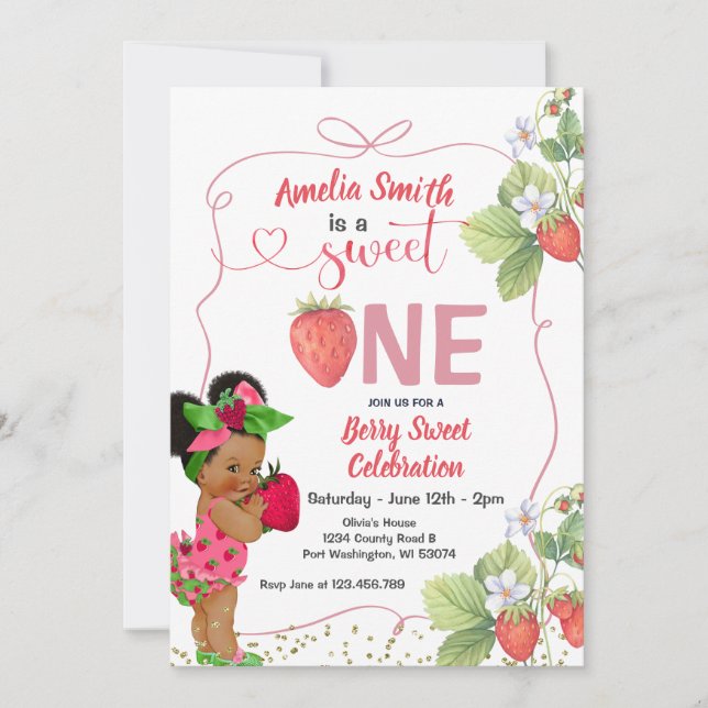Berry Sweet ONE Strawberry Handdrawn 1st Birthday Invitation (Front)