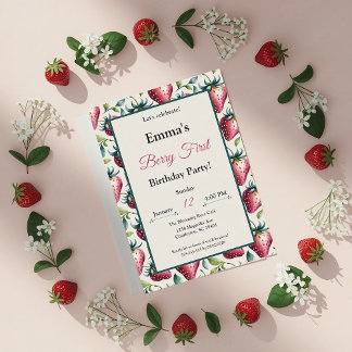 Berry Sweet Pastel Strawberry Green Frame Birthday Invitation