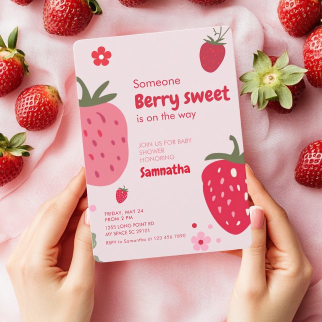 Berry Sweet Pink and Red Strawberry Baby Shower  Invitation (Creator Uploaded)
