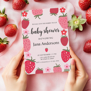 Berry Sweet Pink and Red Strawberry Baby Shower Invitation