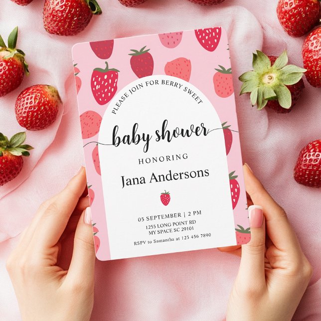 "Berry Sweet Pink and Red Strawberry Baby Shower Invitation (Creator Uploaded)