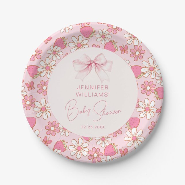 Berry Sweet Pink Bow Baby Girl Shower Paper Plate (Front)