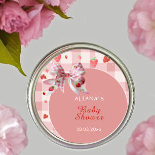 Berry Sweet Pink Chequered Coquette Baby Shower  Classic Round Sticker