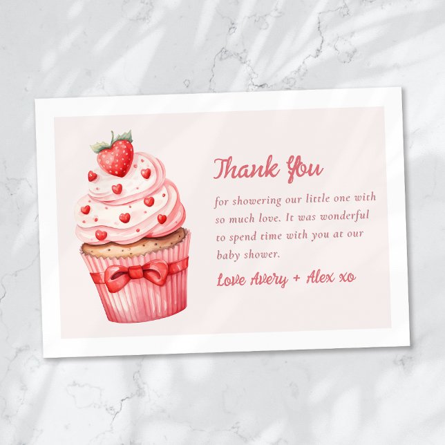 Berry Sweet Pink Cupcake Hearts Baby Shower Thank You Card (Creator Uploaded)