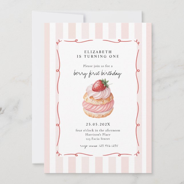 Berry Sweet Pink First Birthday Invitation (Front)
