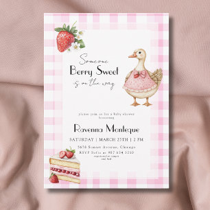 Berry Sweet Pink Gingham Cottage Goose Baby Shower Invitation