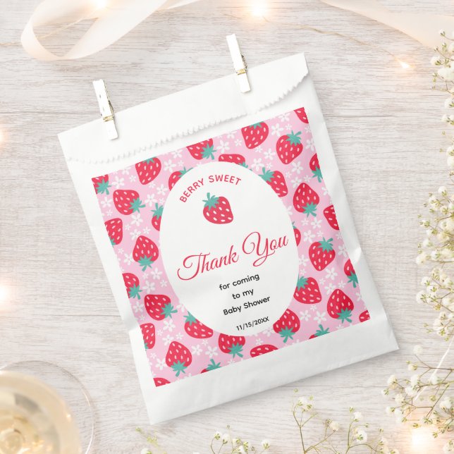 Berry Sweet Pink Strawberry Baby Shower Favour Bags (Clipped)