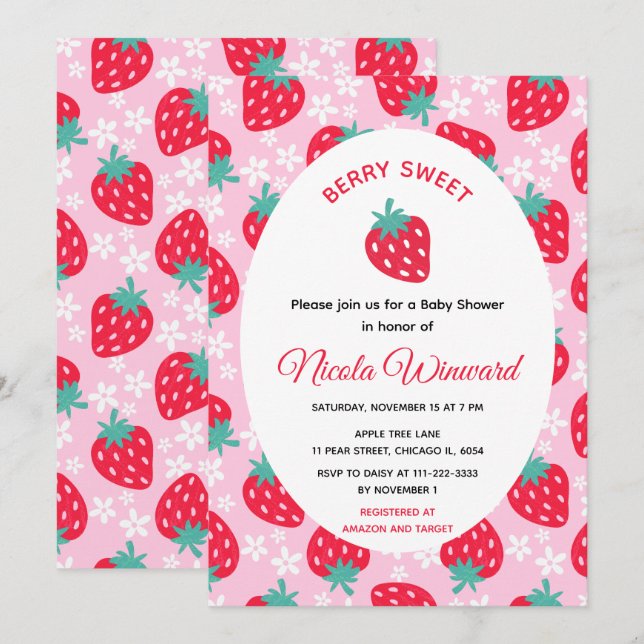 Berry Sweet Pink Strawberry Baby Shower Invitation (Front/Back)