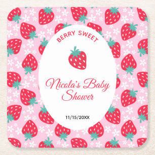 Berry Sweet Pink Strawberry Baby Shower Square Paper Coaster