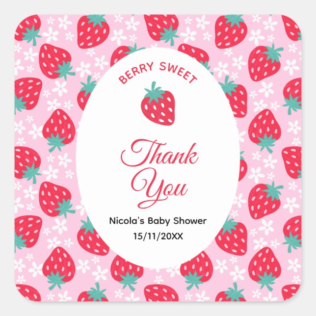 Berry Sweet Pink Strawberry Baby Shower Square Sticker (Front)