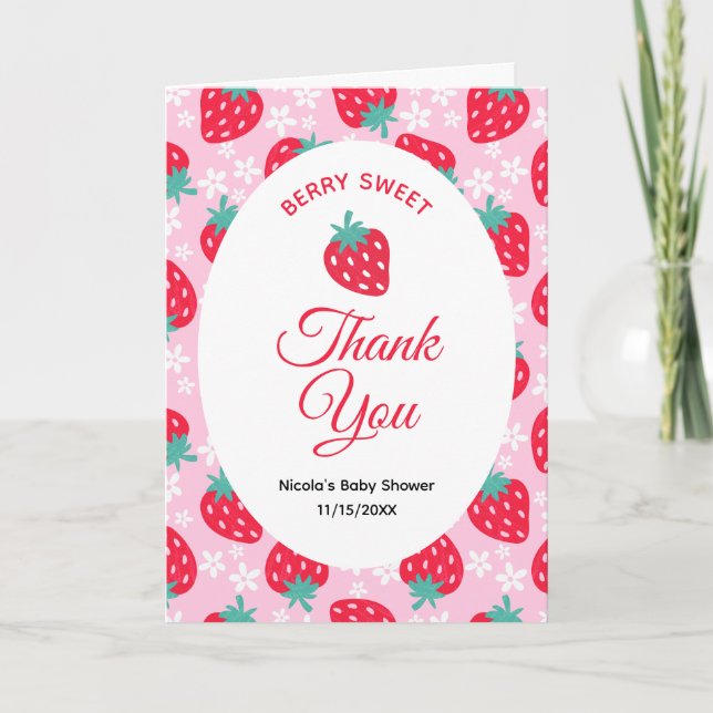Berry Sweet Pink Strawberry Baby Shower Thank You Card (Front)