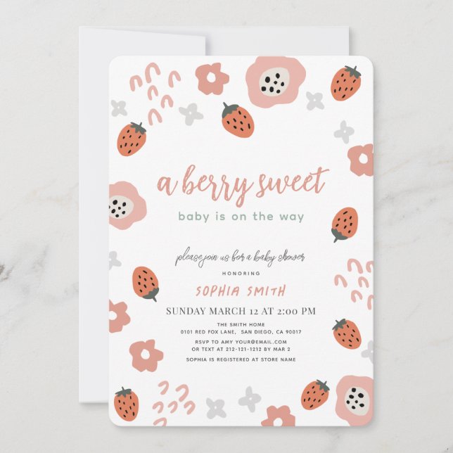 Berry Sweet Pink Strawberry Girl Baby Shower  Invitation (Front)