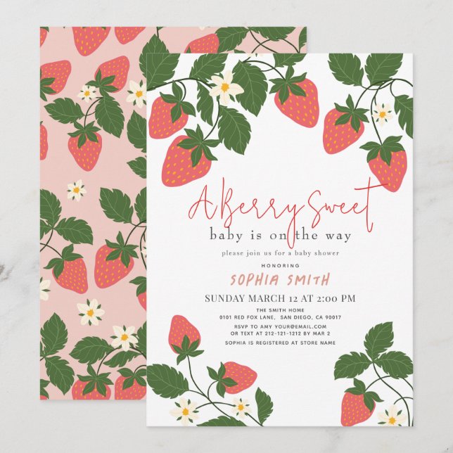 Berry Sweet Pink Strawberry Girl Baby Shower Invitation (Front/Back)