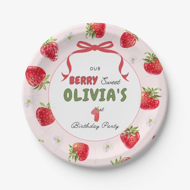 Berry Sweet Pink Watercolor Strawberry Paper Plate (Front)