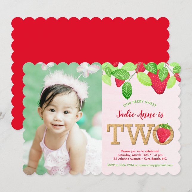Berry Sweet Red Strawberry 2nd Birthday Girl Photo Invitation (Front/Back)