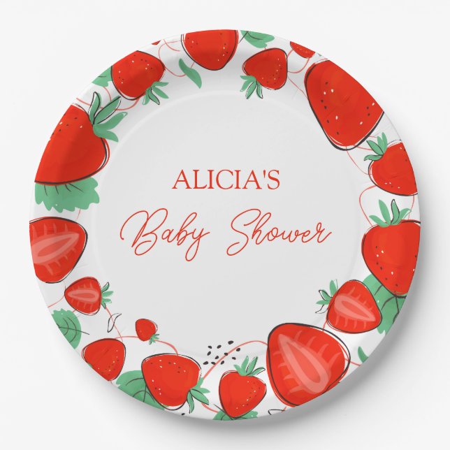 Berry Sweet Strawberries Girl Baby Shower Paper Plate (Front)