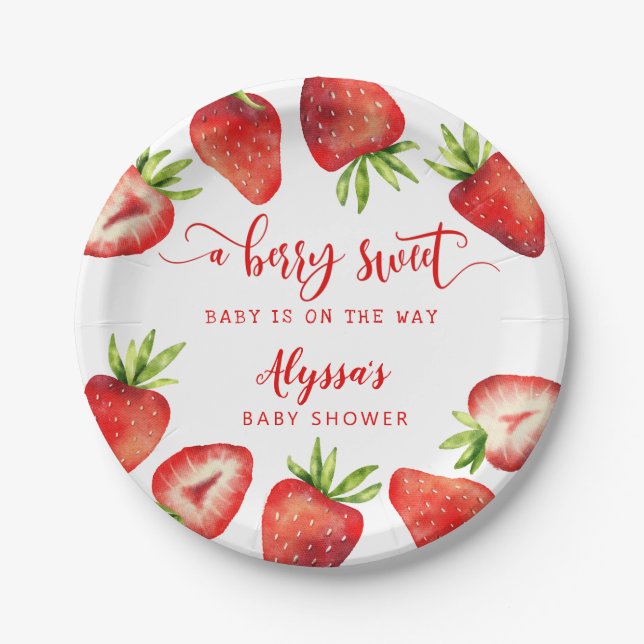 Berry Sweet Strawberries Girl Baby Shower Paper Plate (Front)