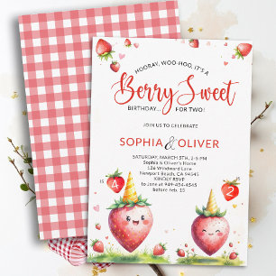 Berry Sweet Strawberries Joint 2 Siblings Birthday Invitation