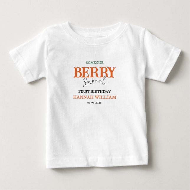 Berry Sweet Strawberry 1st Birthday Party Baby T-Shirt (Front)