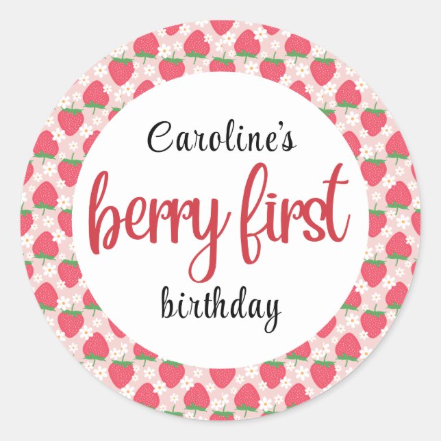 Berry Sweet Strawberry 1st Birthday Party Classic Round Sticker (Front)