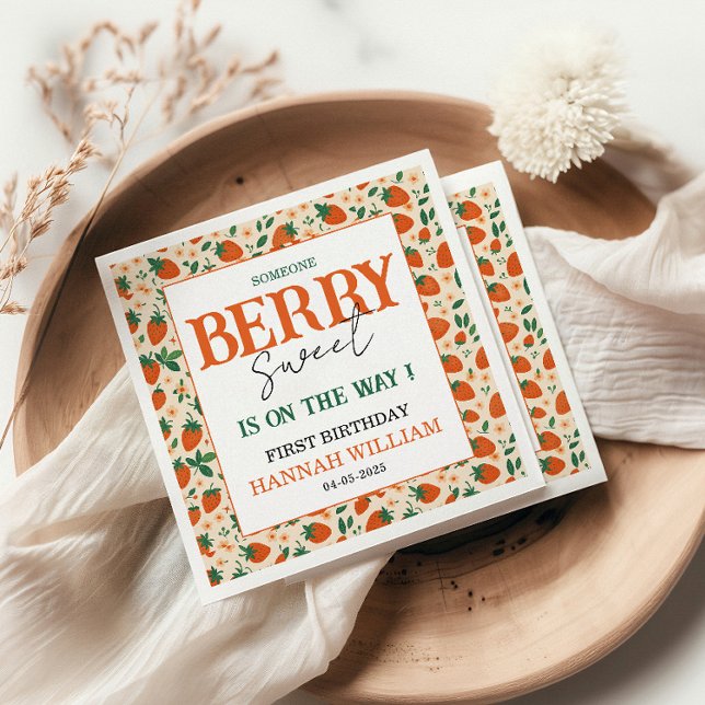 Berry Sweet Strawberry 1st Birthday Party Napkin (Creator Uploaded)
