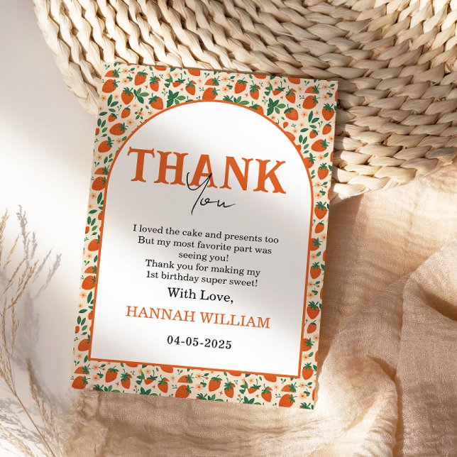 Berry Sweet Strawberry 1st Birthday Party Thank You Card (Creator Uploaded)