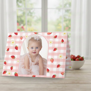 Berry Sweet Strawberry 1st Birthday Photo Folded H Thank You Card