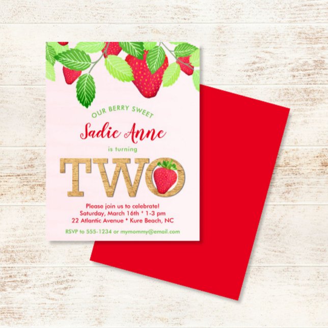Berry Sweet Strawberry 2nd Birthday Girl Red Green Invitation (Creator Uploaded)