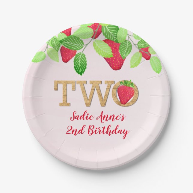 Berry Sweet Strawberry 2nd Birthday Girl Rustic Paper Plate (Front)