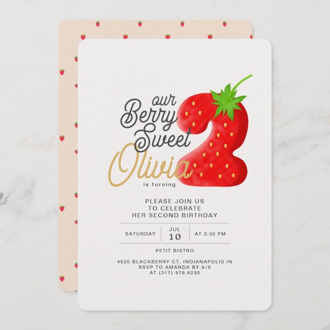 Berry Sweet Strawberry 2nd Birthday Invitation (Front/Back)