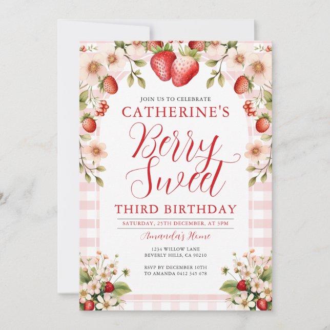 Berry Sweet Strawberry 3rd Birthday Party Floral Invitation (Front)