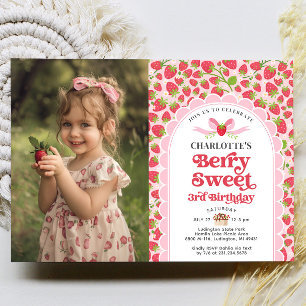 Berry Sweet Strawberry 3rd Birthday Photo Invitation