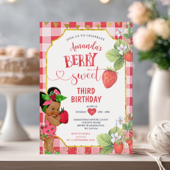 Berry Sweet Strawberry African Girl 3rd Birthday Invitation (Creator Uploaded)