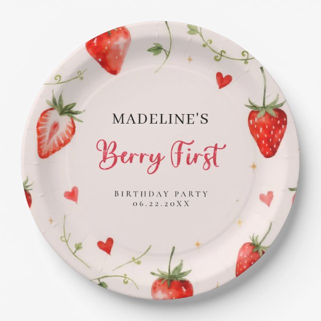 Berry Sweet Strawberry Arch Summer 1st Birthday Paper Plate (Front)