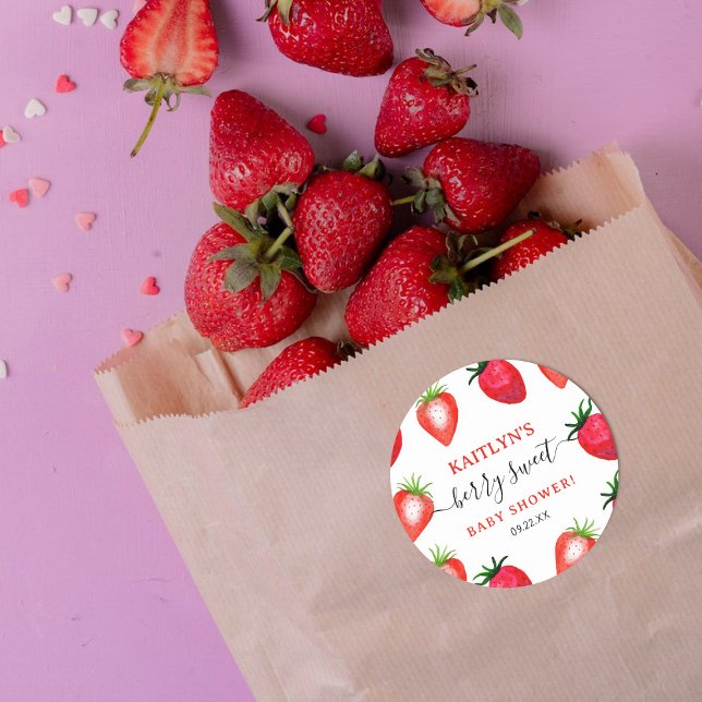 Berry Sweet Strawberry Baby Shower Favour Classic Round Sticker (Creator Uploaded)