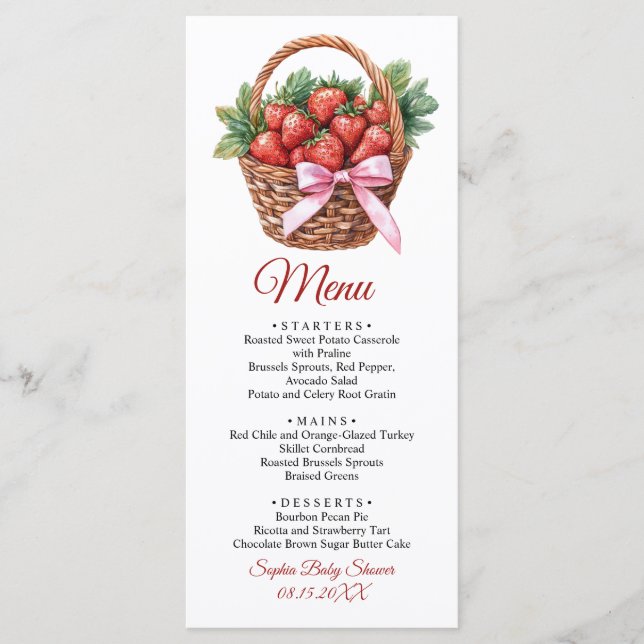 Berry Sweet Strawberry Baby Shower Flat Menu (Front)