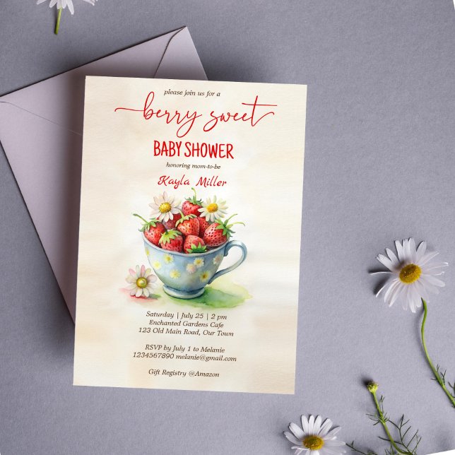 Berry sweet strawberry baby shower invitation (Berry sweet strawberry baby shower invitation template cute cup with daisies and strawberries)