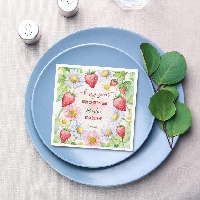Berry sweet strawberry baby shower printed napkin (Berry sweet summer garden strawberry baby shower personalized decor monogram printed napkins templat)
