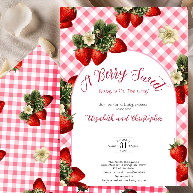 Berry Sweet Strawberry Baby Shower Red Gingham Invitation (Creator Uploaded)