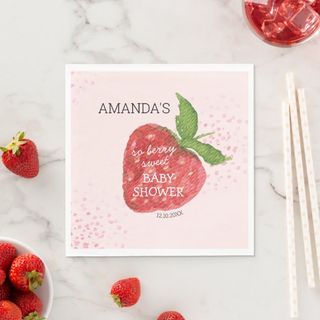 Berry Sweet Strawberry Baby Shower Welcome Sign Napkin (Insitu)