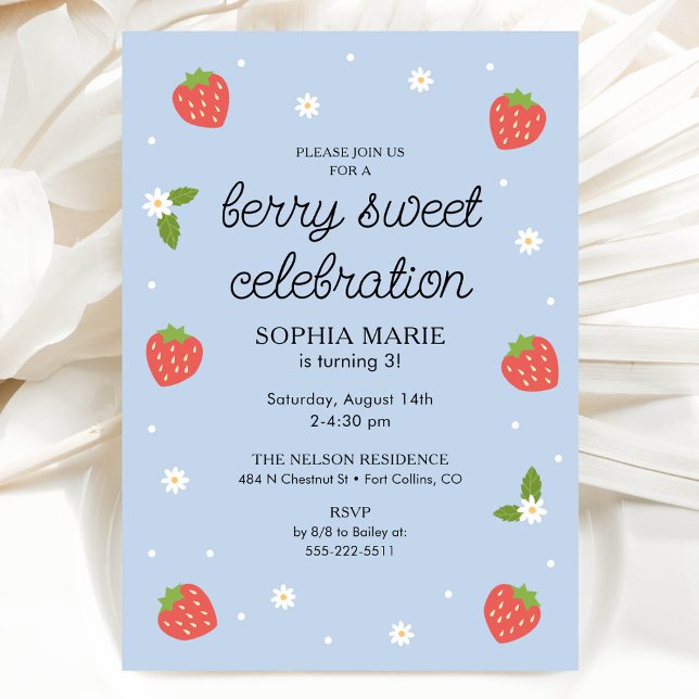 Berry Sweet Strawberry Birthday Periwinkle Blue Invitation (Creator Uploaded)