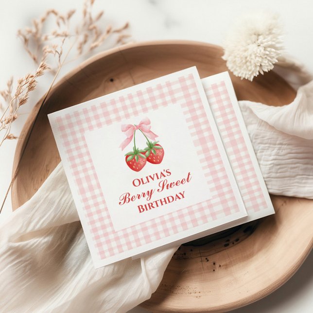 Berry Sweet strawberry birthday Pink Bow Gingham Napkin (Creator Uploaded)